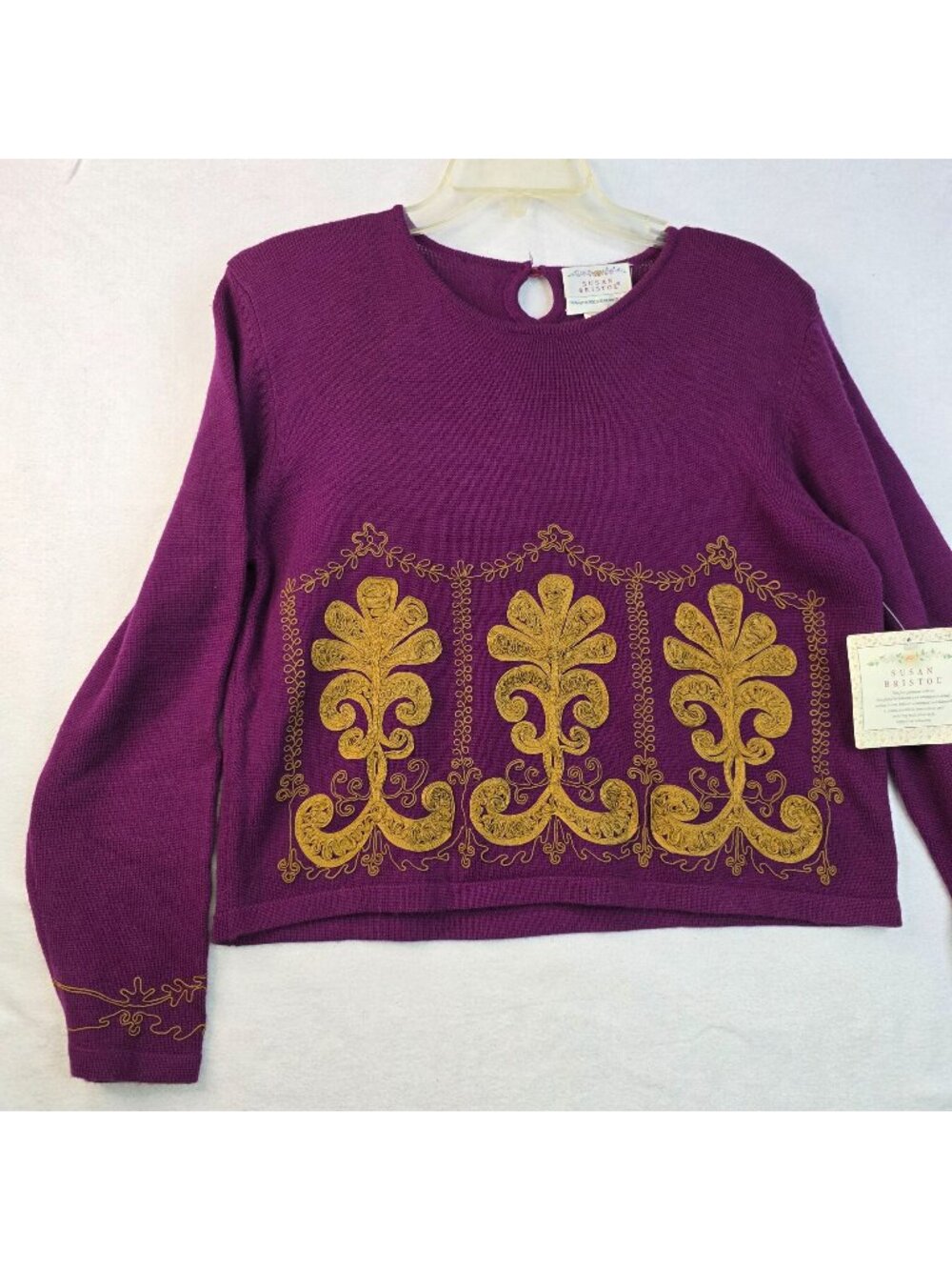 Vintage 90s Susan Bristol 40 Wool Embroidered Sweater Purple Cottagecore Vibrant